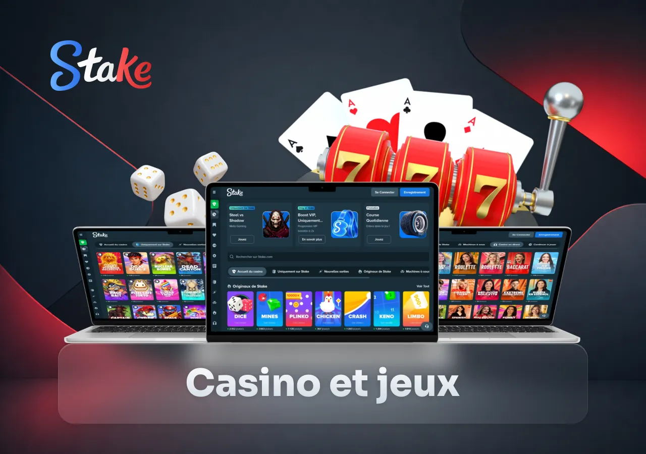 Une sélection de jeux de casino présente des machines à sous, jeux de table et titres exclusifs.